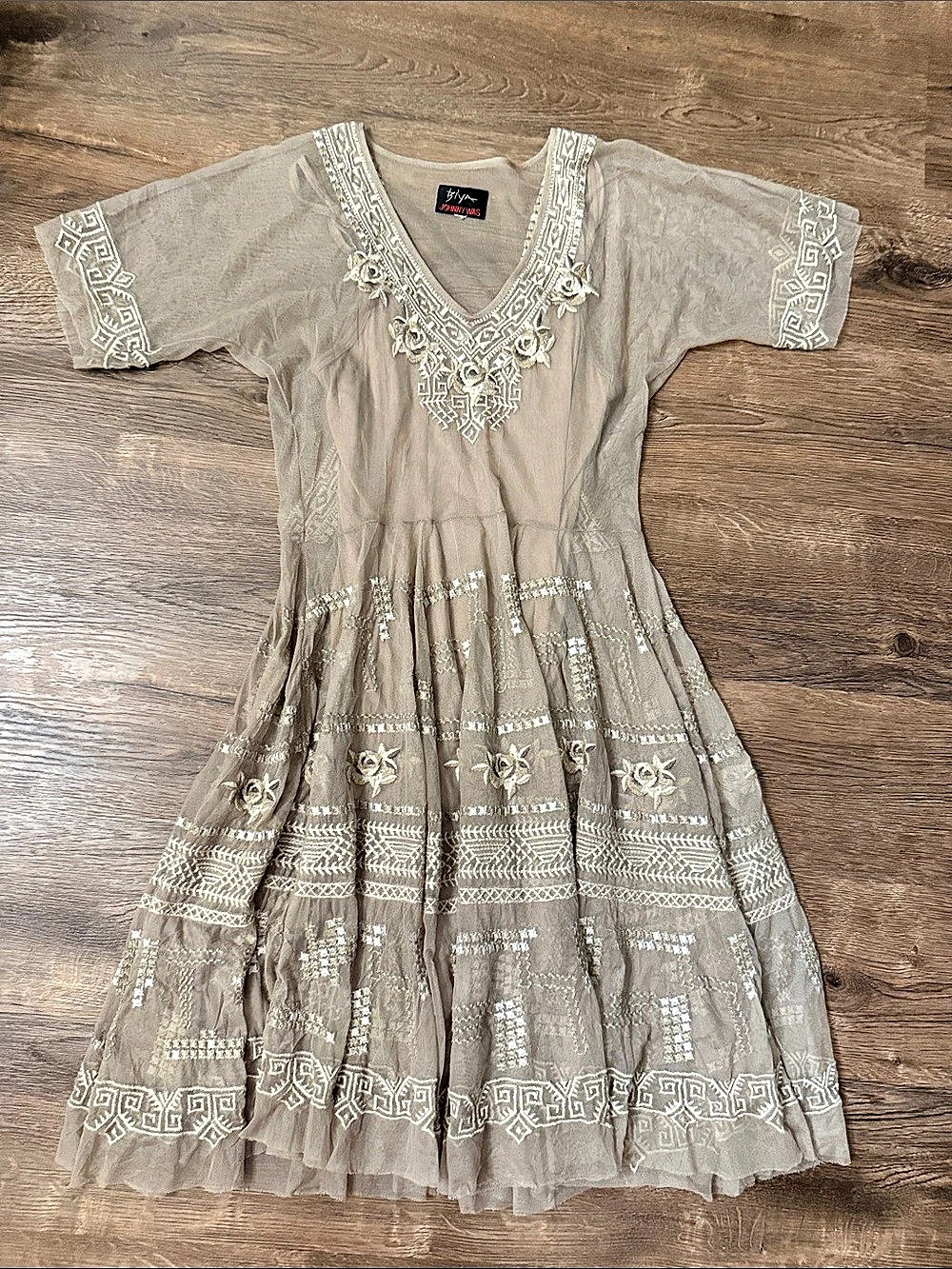 Sheer Mesh Johnny Was Geometric Embroidered Mini Dress in Brown Size Small